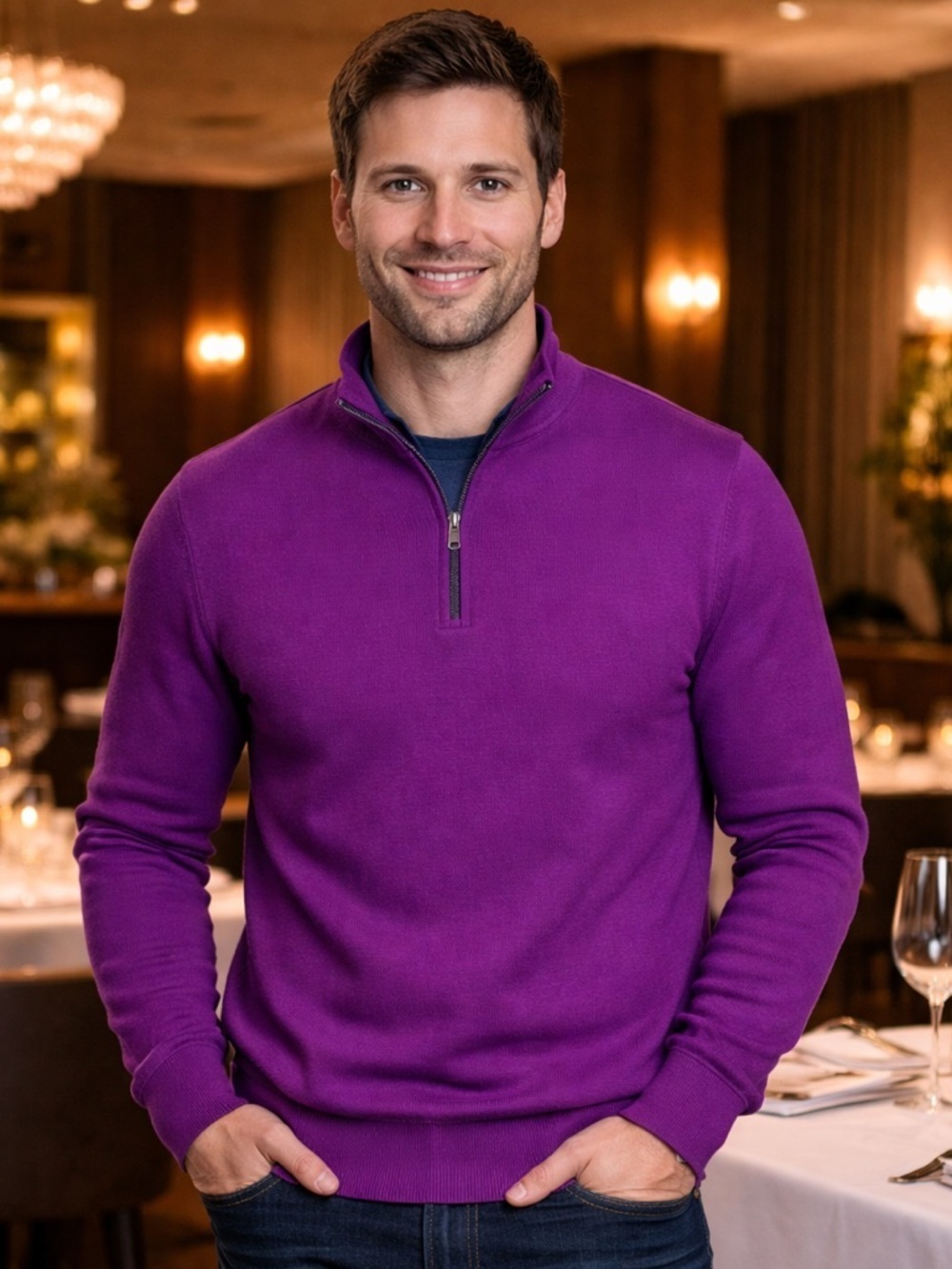 NWOT Lands End SZ L/T (42-44) rosy/pink quarter zip sweater/chest 48”-60”